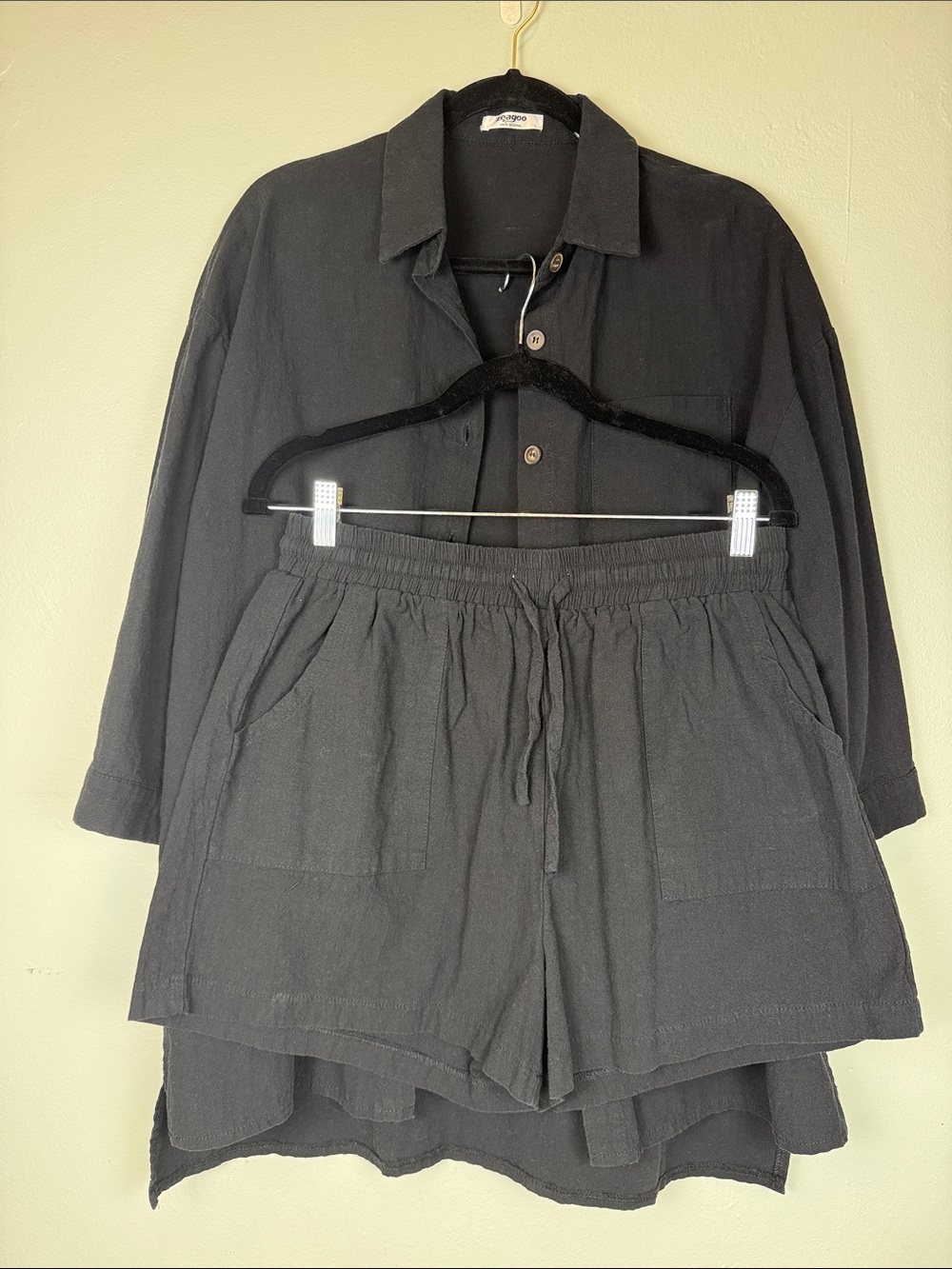 Zeagoo Two Piece Black Linen Short Set Size Large EUC